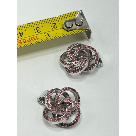 Signed KRAMER Clip On Earrings Silver Tone & Pink Rhinestones Love Knot Circles - Picture 8 of 8